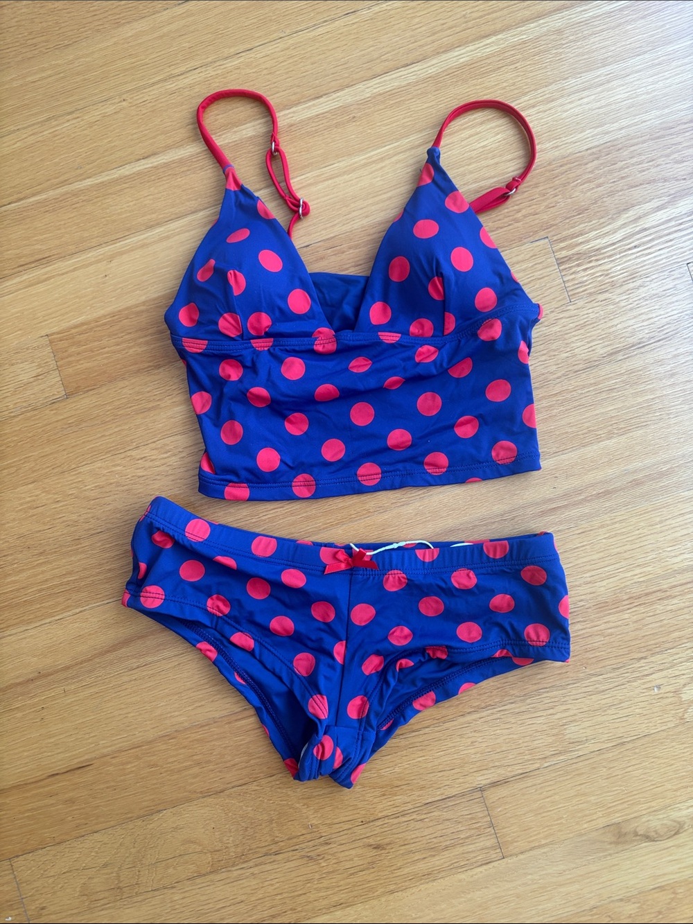Navy Blue and Red Polka Dot Two-Piece Swim Set